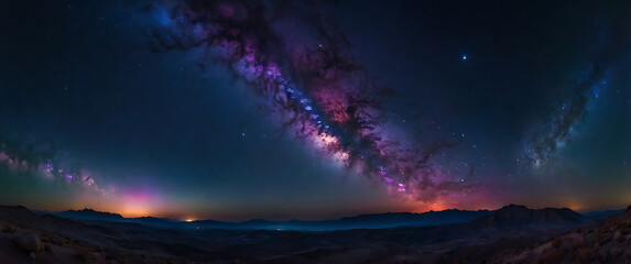 A breathtaking night sky panorama filled with countless twinkling stars over a majestic mountain range. The Milky Way stretches across the sky in a stunning arc, its vibrant purple, blue, and pink hue