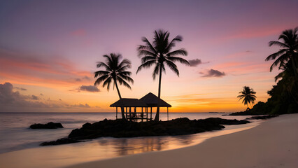Fototapeta premium Tropical beach gazebo under palm trees during a beautiful sunset