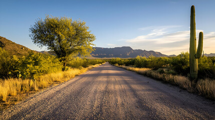 Obraz premium Dirt Road Leads Through Arid Desert Landscape With Cactus And Sparse Vegetation Under Golden Sunset Sky