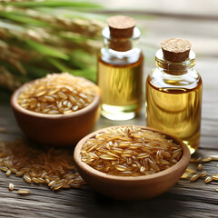 Rice bran oil on wooden floor