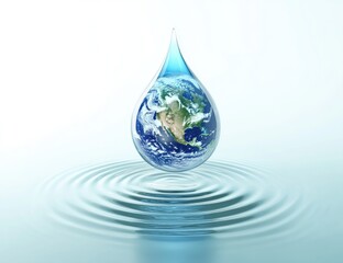 Obraz premium A 3D rendering of a water droplet containing Earth, symbolizing global water conservation and sustainability. Ideal for World Water Day, environmental campaigns, and climate awareness