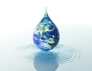 A 3D rendering of a water droplet shaped like Earth, symbolizing global water conservation and sustainability. Ideal for World Water Day, environmental campaigns, and climate awareness