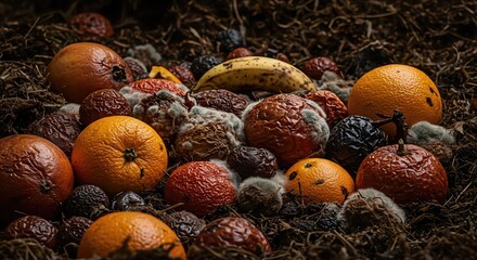 Fruit in various stages of decomposition with visible mold and fungi