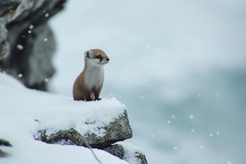 Snowy weasel perched on cliff edge, snowfall in background.  Possible use nature, wildlife