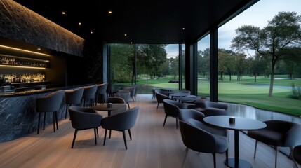 Modern golf club bar with panoramic views
