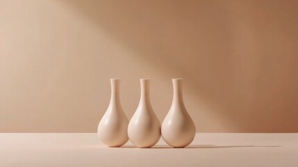 Minimalist Flat Lay of Three Beige Vases on Neutral Background