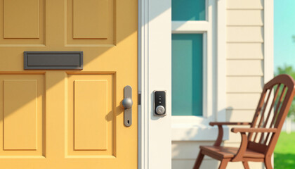 Whimsical doorbell illustration at inviting porch, home safety concept