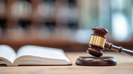 Obraz premium Law book and gavel on wooden table, blurred background