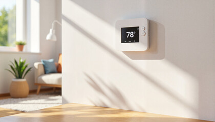Smart thermostat in trendy living room with calming decor, home safety