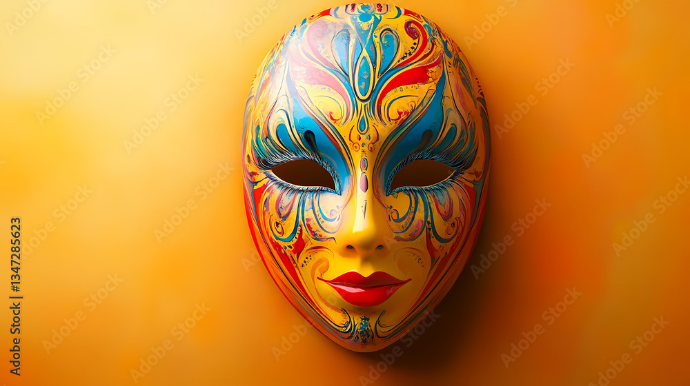 Poster colorful mask with intricate patterns on orange background