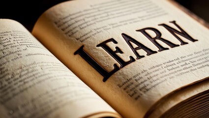 An open book with the word 'LEARN' prominently displayed on its pages, symbolizing knowledge and education, presented in a warm, inviting atmosphere.