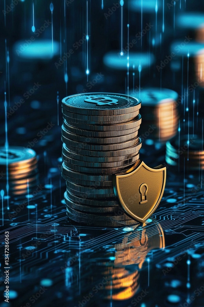 Poster dynamic illustration of financial security using shield and lock symbols