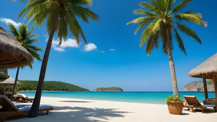 Palm trees and beach umbrellas casting shadows on the white sand beach