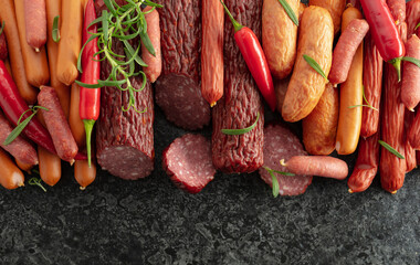 Various dry-cured and smoked sausages with red peppers and rosemary.