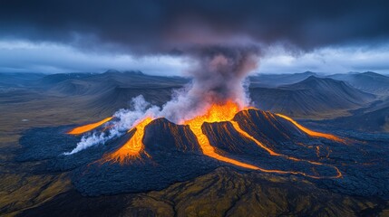 Fototapeta premium Volcanic eruption, lava flows, dramatic landscape