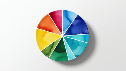 Obraz premium A vibrant, multi-colored watercolor palette arranged in segments, showcasing a range of hues on a white isolated background, perfect for artistic and creative projects.