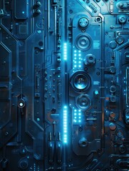 Fototapeta premium A glowing brushed steel panel with blue circuits shines in soft ambient light within a high-tech space