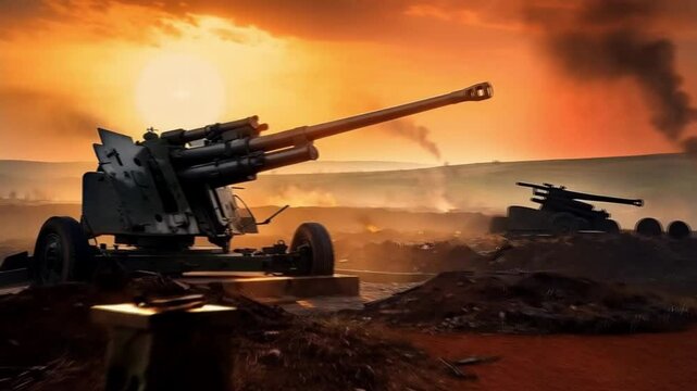 Big guns are in the fields with sunset background. Smooth repeating motion for background video animation