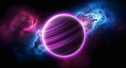 A glowing neon purple planet with swirling cosmic energy, set against a galaxy full of blue and pink nebulae, Ai Generated