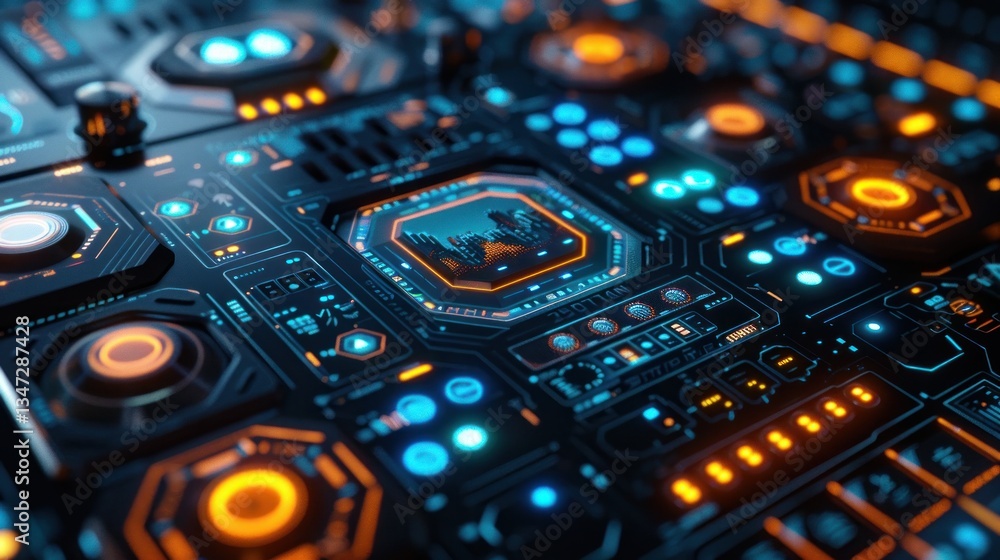 Aufkleber the control panel features glowing hexagons and soft ambient lighting for an interactive, seamless e
