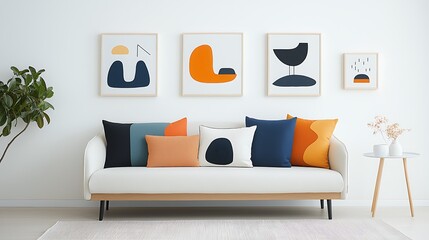 Modern abstract art prints and colorful cushions on a white sofa