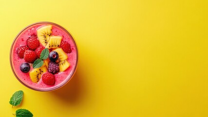 vibrant smoothie bowl with raspberries, blackberries, fruit slices and fresh mint leaves on bright yellow background with copy space. summer refreshment. healthy eating, food, wellness.