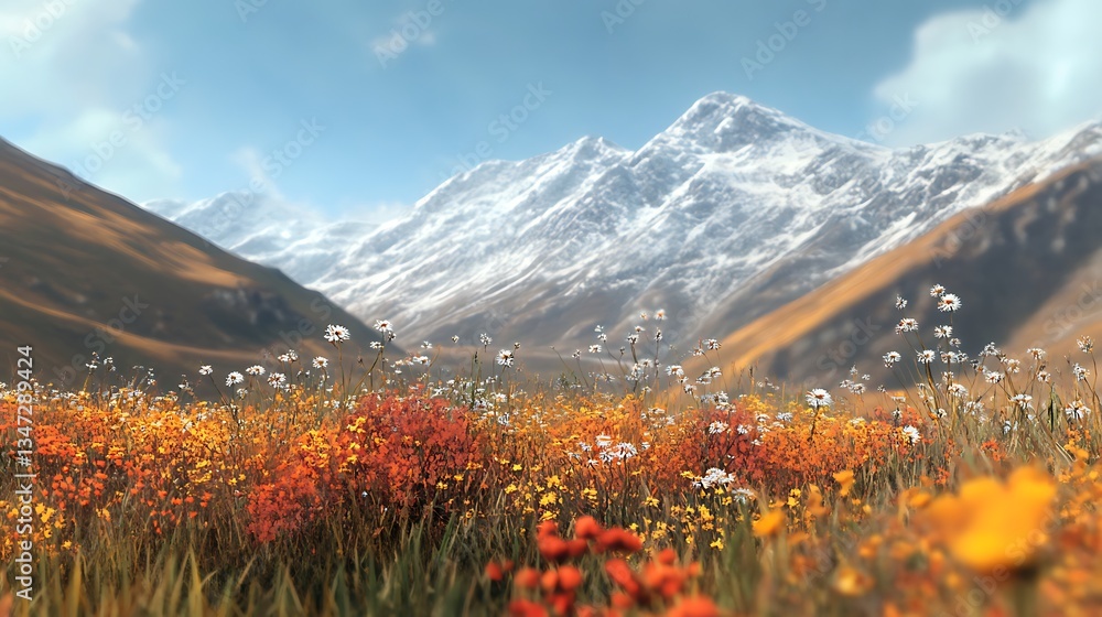 Poster a digital simulation of a mountain ecosystem highlighting species interactions and adaptation to alt