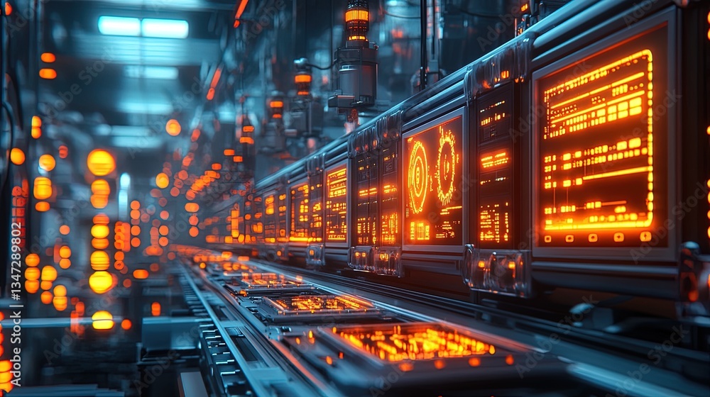 Poster robotic assembly line with automated processes, glowing data displays, high-res industrial backgroun