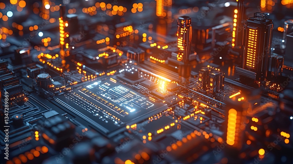 Poster robotic assembly line with automated processes, glowing data displays, high-res industrial backgroun