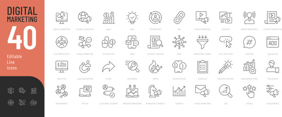 Digital Marketing Line Editable Icons set. Vector illustration in modern thin line style of online business related icons: advertisement, sales, content analysis, and more. 