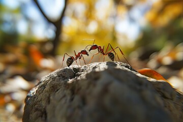 Two ants on a rock in autumn