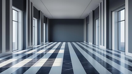 Obraz premium An empty luxury gallery with a large blank wall and modern geometric floor design set against a dark and striped backdrop, ideal for a branding or art display. 3D Rendering