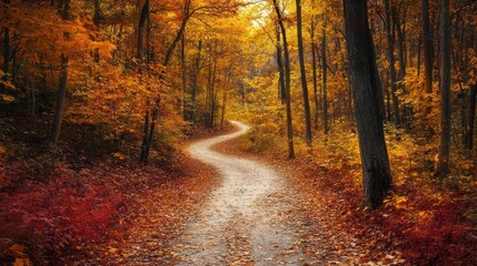 Fototapeta premium Winding autumn forest path, colorful leaves, nature scene, fall landscape, scenic wallpaper