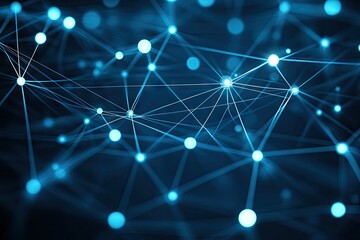 Abstract network; glowing nodes & lines connect, dark blue background