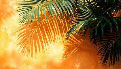 Natural Silhouette Of Tropical Palm Leaf Casting Shadow On Orange Background. Overlay For Thanksgiving And Halloween Product Displays. Lay On Wall.