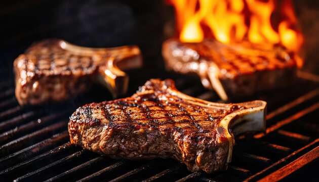 Grilled Beef T-Bone Steaks With Flames: A Mouthwatering Bbq Delight That Will Leave You Craving For More! Juicy And Flavorful.