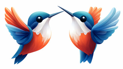 Obraz premium Two Colorful Hummingbirds in Flight Against White Background
