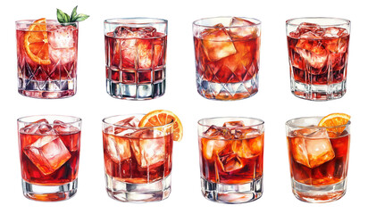 PNG Set of Negroni cocktail with ice cubes and orange slice garnish in a glass. Watercolor illustration of a classic Italian aperitif.