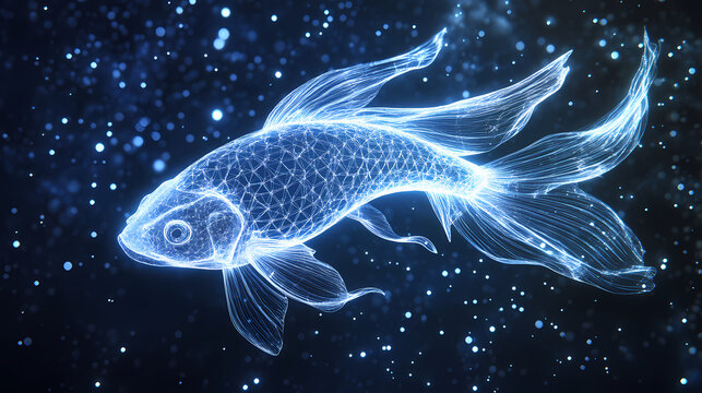 Celestial Koi: A luminous koi fish swims gracefully through a star-studded cosmos, its ethereal form glowing against a backdrop of cosmic wonders. 