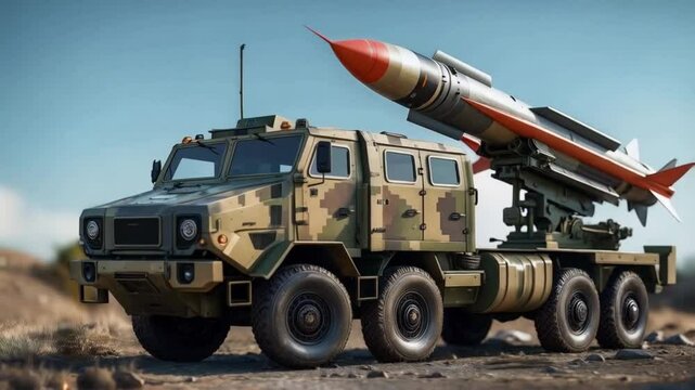Military vehicle with rocket on top. Smooth repeating motion for background video animation.