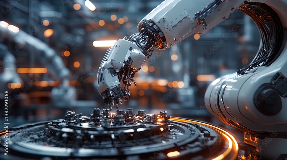 Poster robotic arm assembling components with precision, high-resolution, industrial automation theme