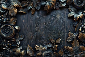 Ornate wood carving features delicate vines and curling leaves, enriched by soft diffused lighting enhancing its depth