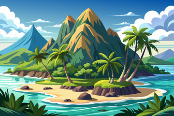 tropical island with palm trees and sea cartoon