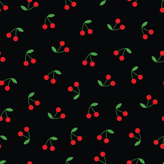 Seamless pattern with red cherries on a black background