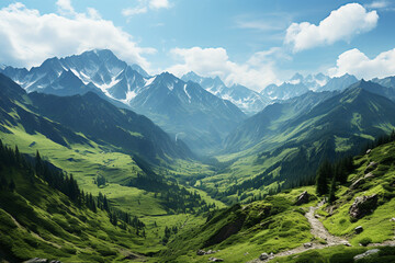 Fototapeta premium breathtaking fusion of mountains and serene valleys unveils a harmonious symphony of ruggedness and serenity that defines these enchanting realms