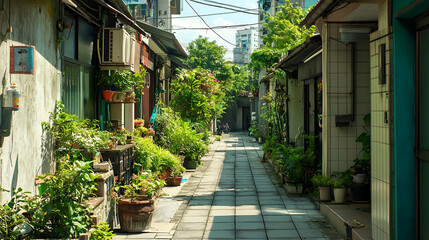 Sunlit Narrow Alleyway Lined with Plants and Pots in a Residential Area with Concrete Walls and Blue Sky