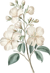 Hand Drawn Watercolor Jasmine Flowers Flowers and green leaves vector isolated on white background.