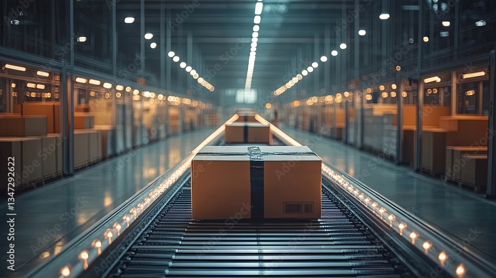 Poster modern warehouse automation, seamless robotic sorting and stacking, clean and efficient