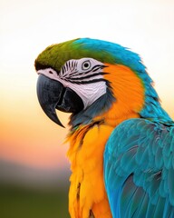 Obraz premium Vibrant BlueandGold Macaw Portrait in Sunset Light, Exotic Bird Photography.