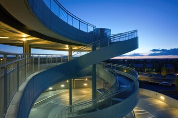 A modern spiral ramp in a parking garage at twilight, offering a unique architectural design.